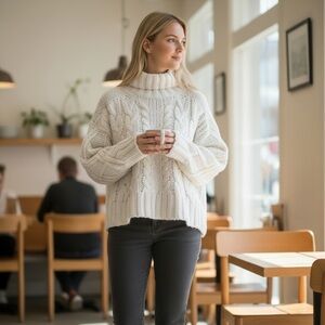 Anthropologie Cream Cable Knit Turtleneck Sweater